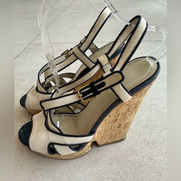 Yves Saint Laurent White/Navy Blue Canvas Deauville Cork Wedge Sandals Size 39 - Picture 4 of 10